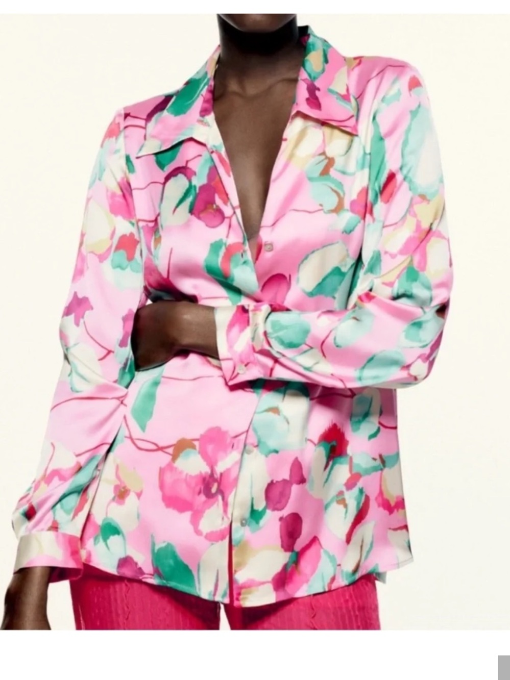 Zara Pink Floral Satin Button-Up Blouse